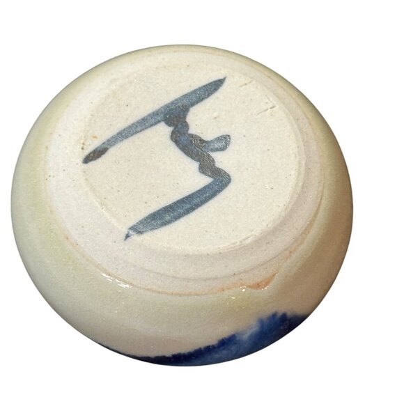 Signed Art Pottery Squat Vase Bud Vase Blue & Gray 3" Tall - Picture 3 of 4